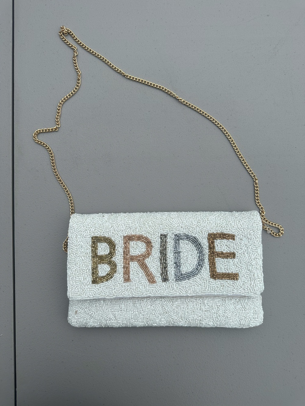 Francesca's Collections White Beaded 'BRIDE' Crossbody with Gold Chain